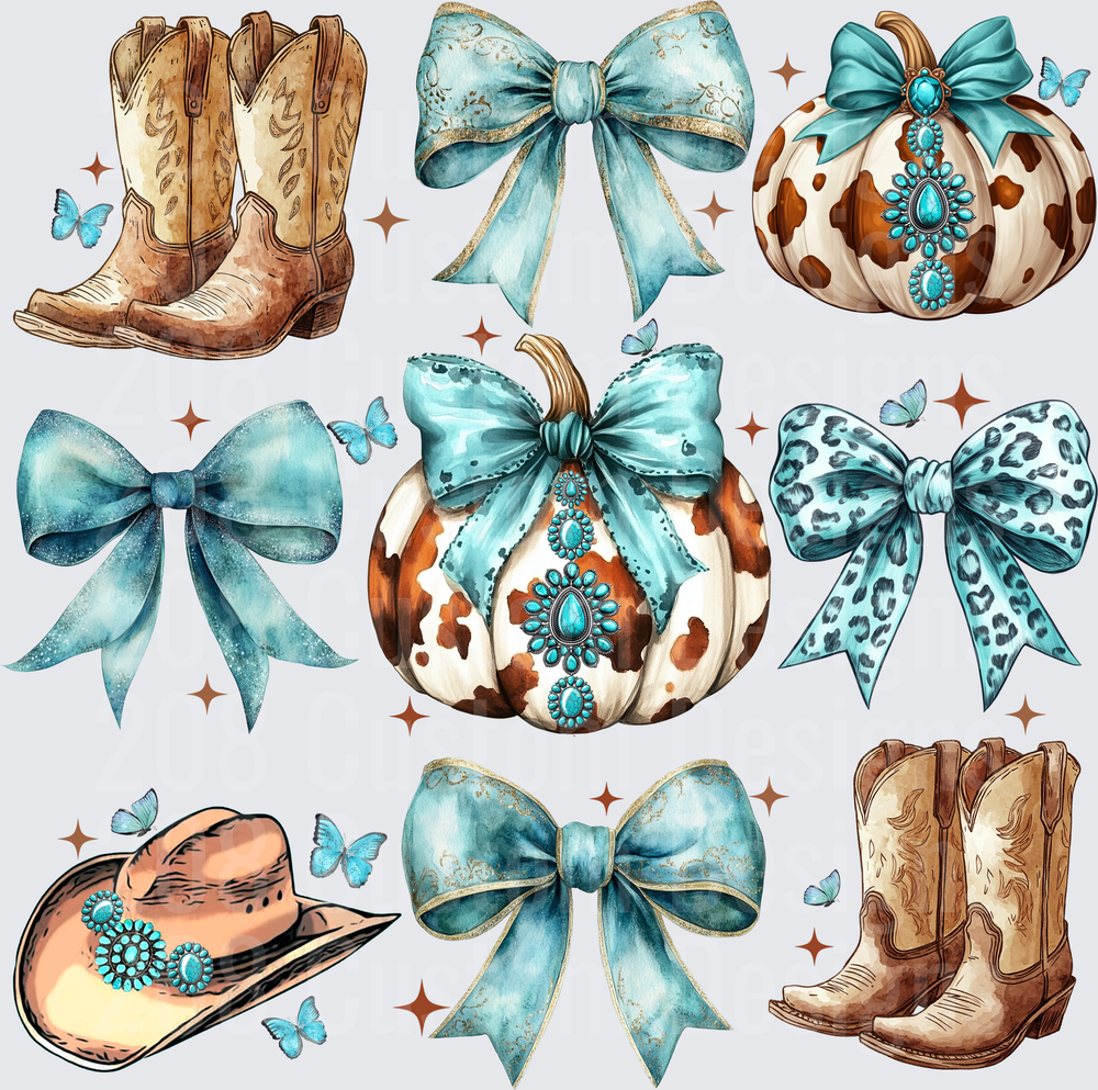 Western Cowgirl Elements with Turquoise Bows and Cow Print Pumpkins