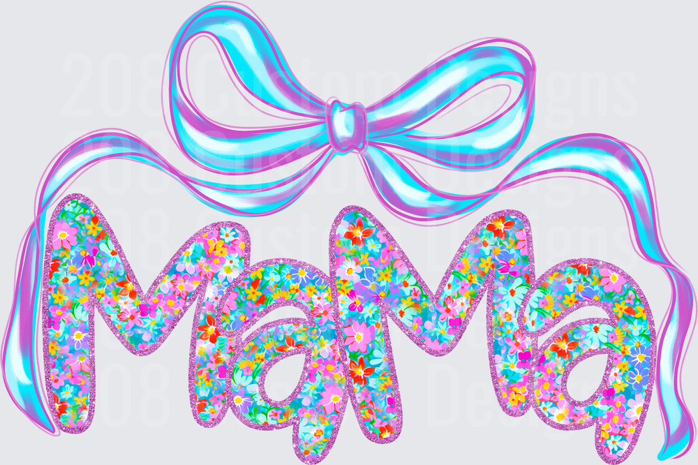 Mama Rainbow Confetti Glitter Text with Holographic Bow