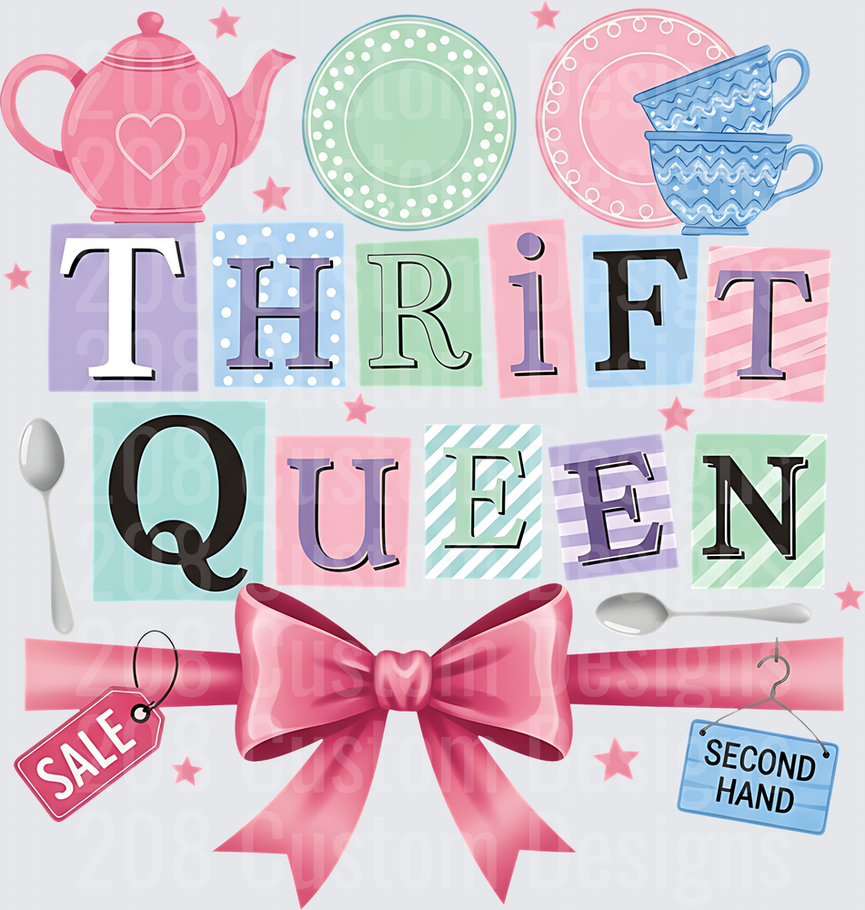 Thrift Queen Typography with Vintage Teacups and Pink Bow