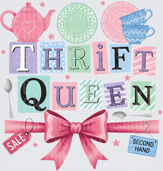 Thrift Queen Typography with Vintage Teacups and Pink Bow