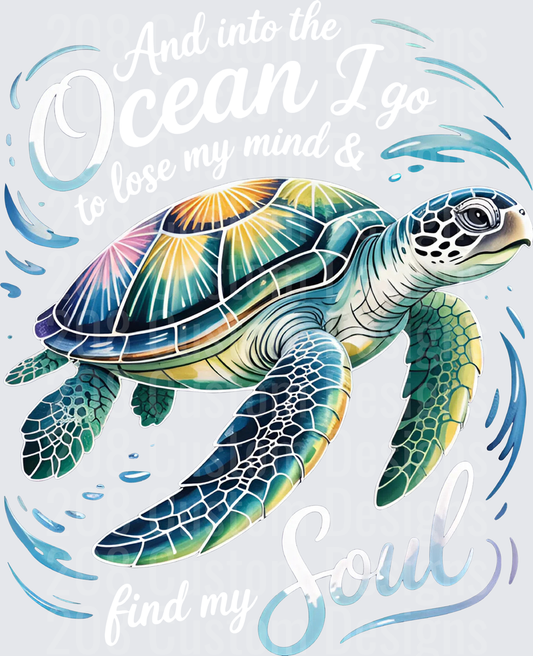 Vibrant Rainbow Sea Turtle Swimming with Water Swirls and Soul Text