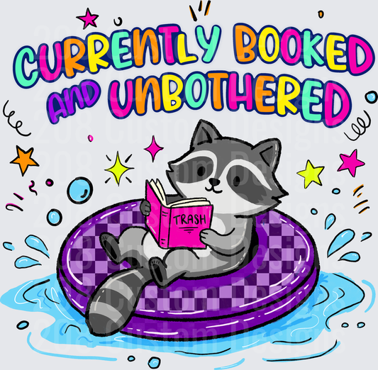 Currently Booked and Unbothered Raccoon Reading Trash Book on Purple Pool Float