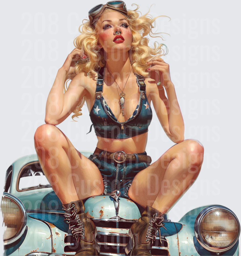 Vintage Pin-Up Girl with Blonde Curls on Classic Car Hood