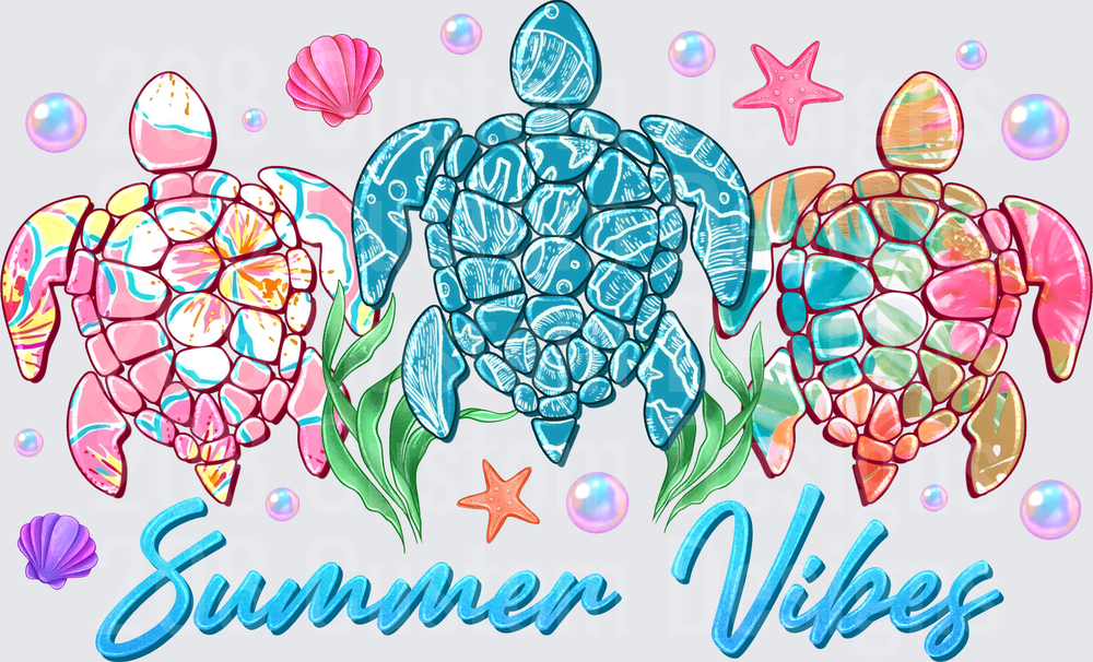 Summer Vibes Sea Turtles with Seashells and Bubbles