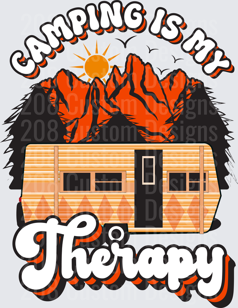 Camping Is My Therapy Orange Travel Trailer Mountain Scene