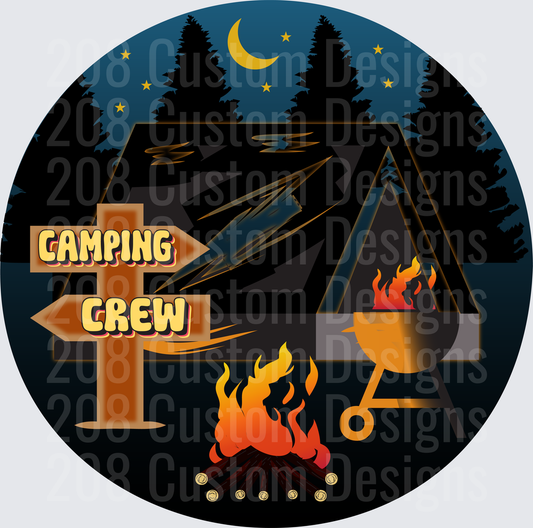 Camping Crew Night Scene with Tent Campfire and Wooden Sign
