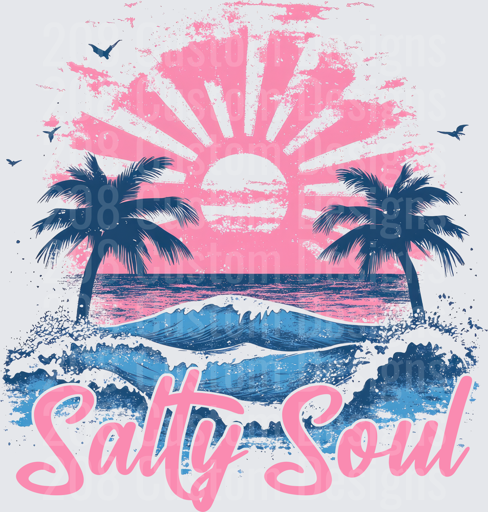 Salty Soul Vintage Beach Sunset with Palm Trees and Ocean Waves
