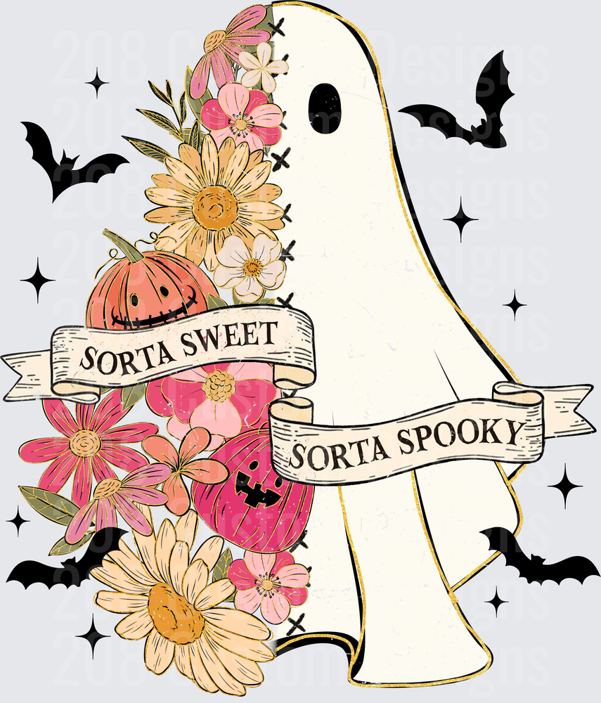 Sorta Sweet Sorta Spooky Floral Ghost with Bats Pumpkins