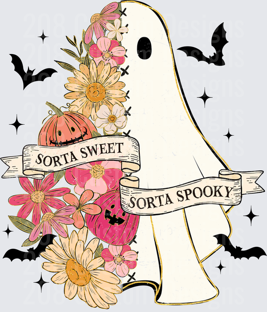 Sorta Sweet Sorta Spooky Floral Ghost with Bats Pumpkins