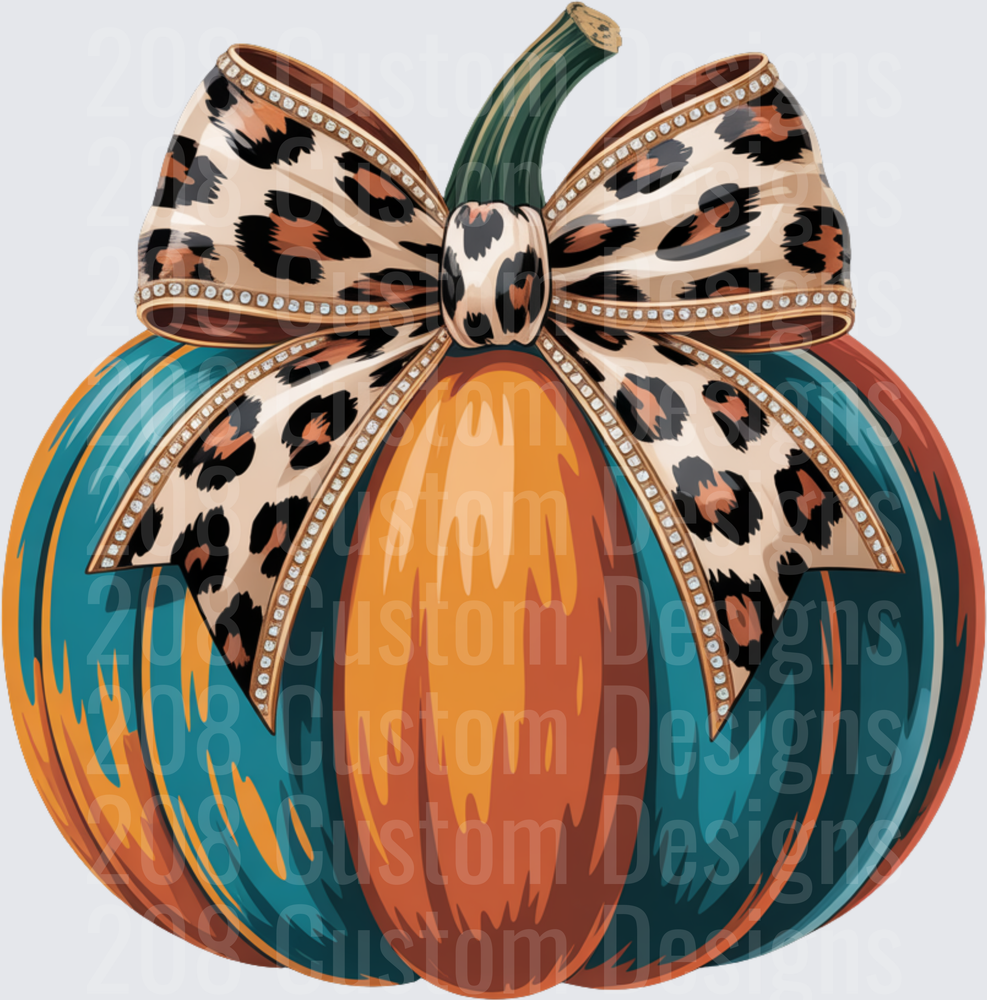 Teal Orange Pumpkin with Leopard Print Bow and Pearl Trim