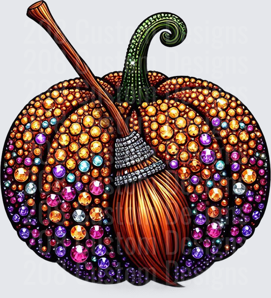 Bejeweled Halloween Pumpkin with Witch Broom Rhinestone