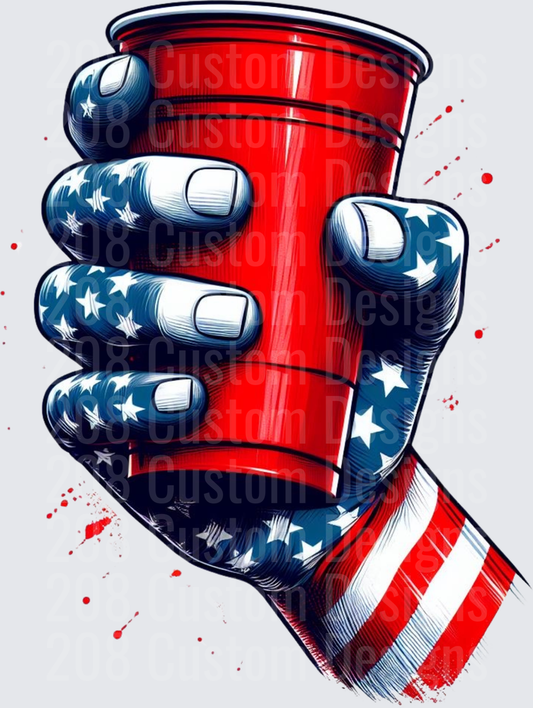 American Flag Hand Gripping Red Solo Cup Patriotic Party
