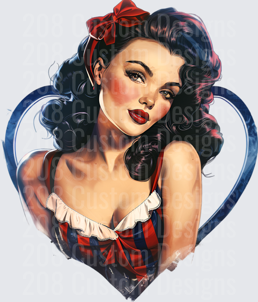 Snow White Pin-Up Girl in Heart Frame with Red Bow