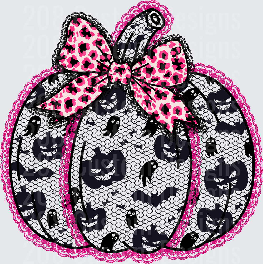 Pink Leopard Bow Black Lace Halloween Pumpkin with Ghosts and Bats