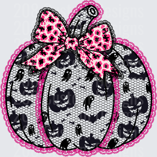 Pink Leopard Bow Black Lace Halloween Pumpkin with Ghosts and Bats