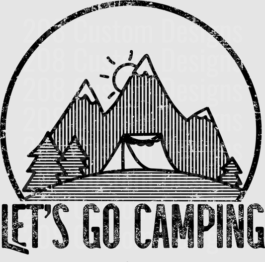 Let's Go Camping Mountain Scene with Tent and Pine Trees