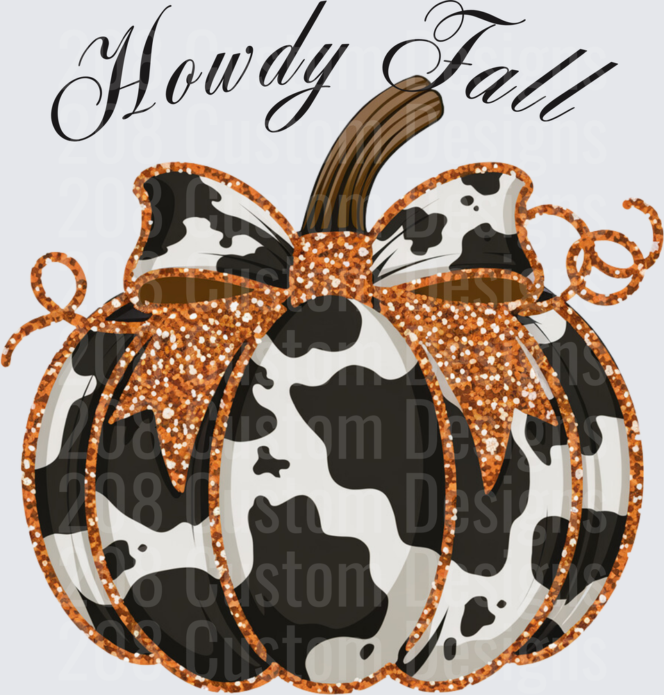 Howdy Fall Cow Print Pumpkin with Orange Glitter Bow