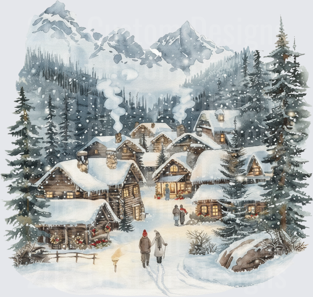 Watercolor Winter Mountain Village Snow Scene with Cozy Cabins