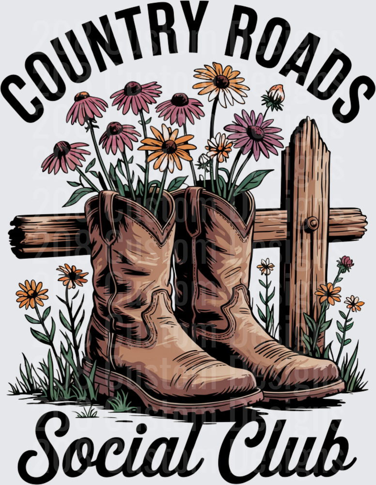 Country Roads Social Club Cowboy Boots and Wildflowers Design