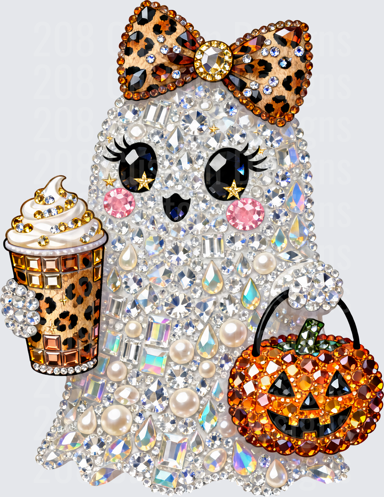 Rhinestone Blinged Ghost Girl Leopard Bow Pumpkin Latte