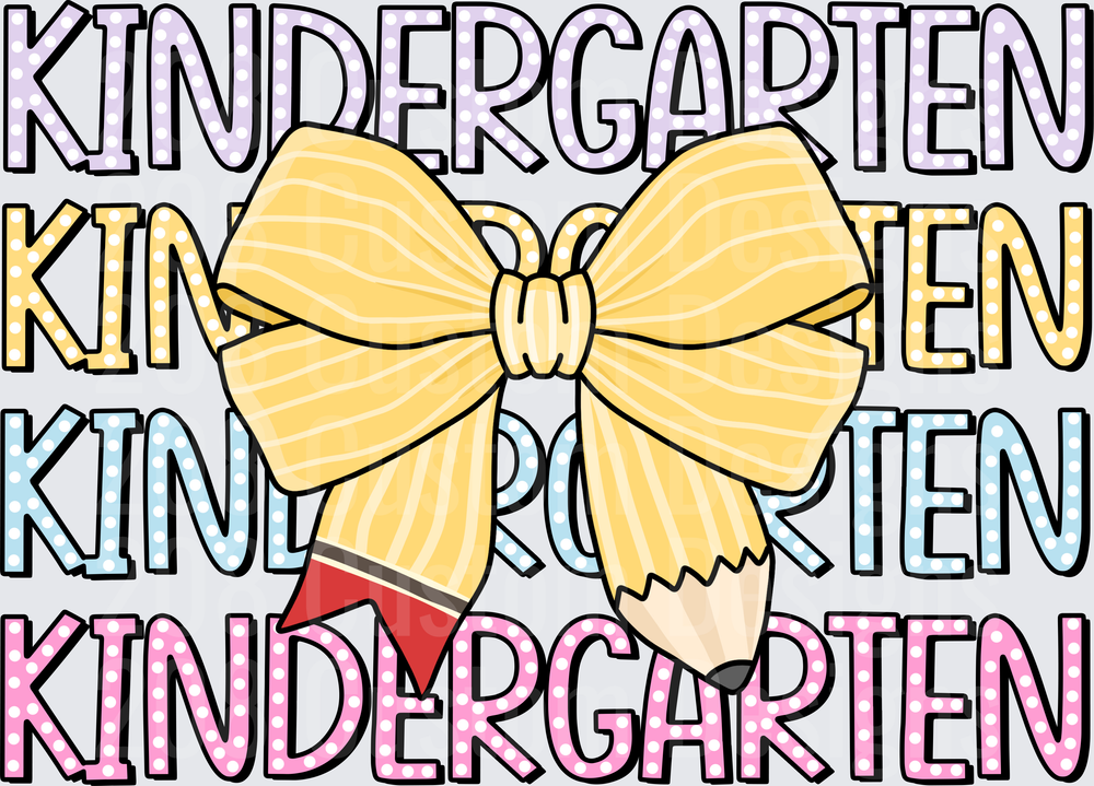 Kindergarten Stacked Text Pencil Yellow Bow Back to School