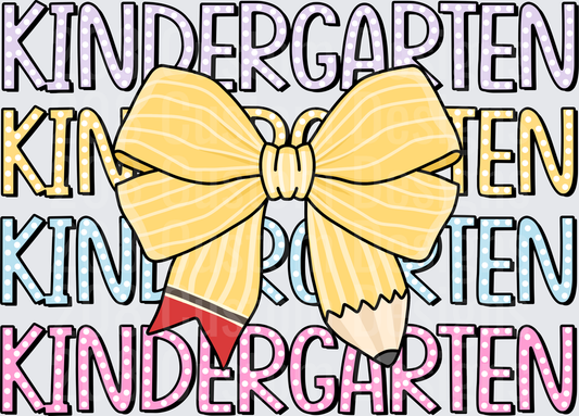 Kindergarten Stacked Text Pencil Yellow Bow Back to School