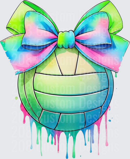 Colorful Tie-Dye Volleyball with Bow and Paint Drips