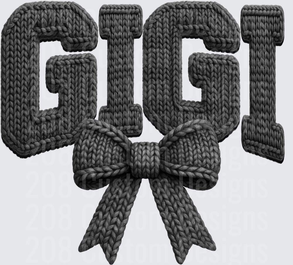 Knitted Gigi Letters with Bow Gray Cable Knit Typography