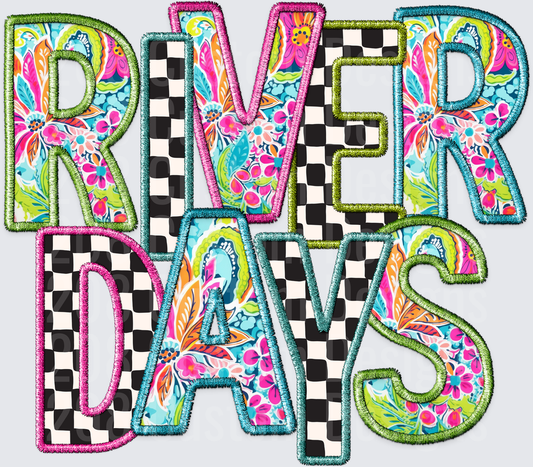 River Days Applique Letters with Tropical Floral Pattern and Checkered Background