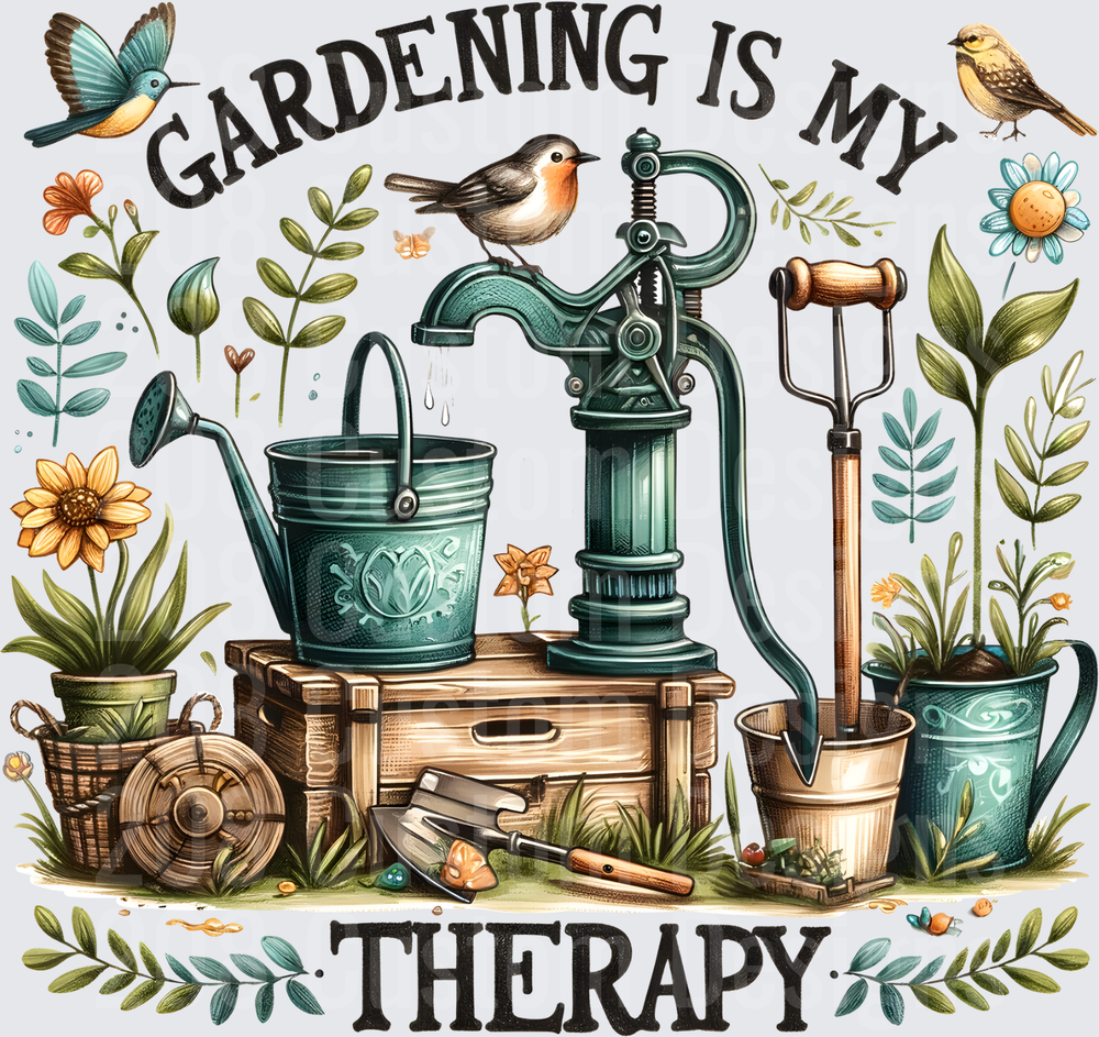 Gardening Is My Therapy Vintage Garden Tools and Birds Design