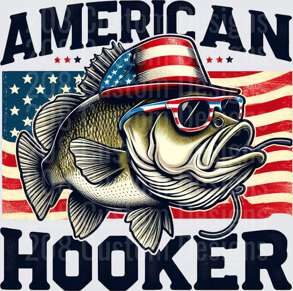 American Hooker Bass Fish with Sunglasses and Hat USA Flag