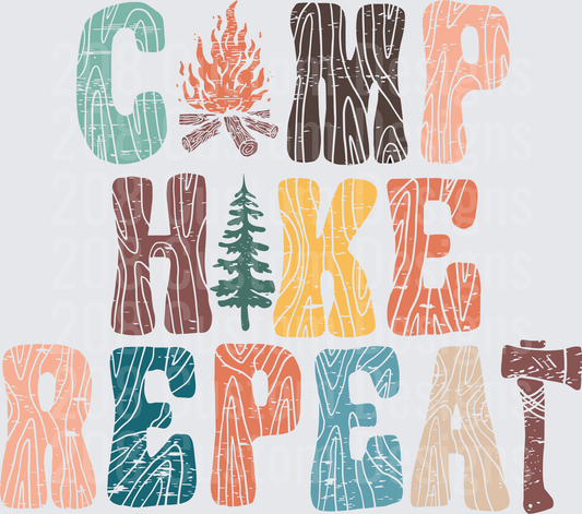 Camp Hike Repeat Wood Grain Typography with Campfire and Pine Tree