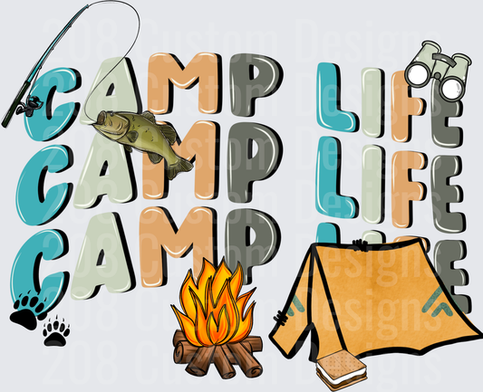 Camp Life Outdoor Adventure with Fishing Rod Bass Tent Campfire