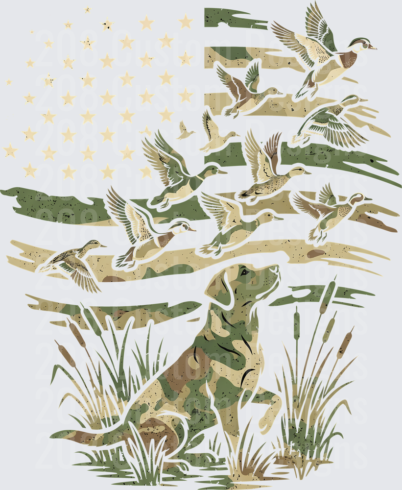 Camo American Flag Duck Hunting Lab Dog Marsh Scene
