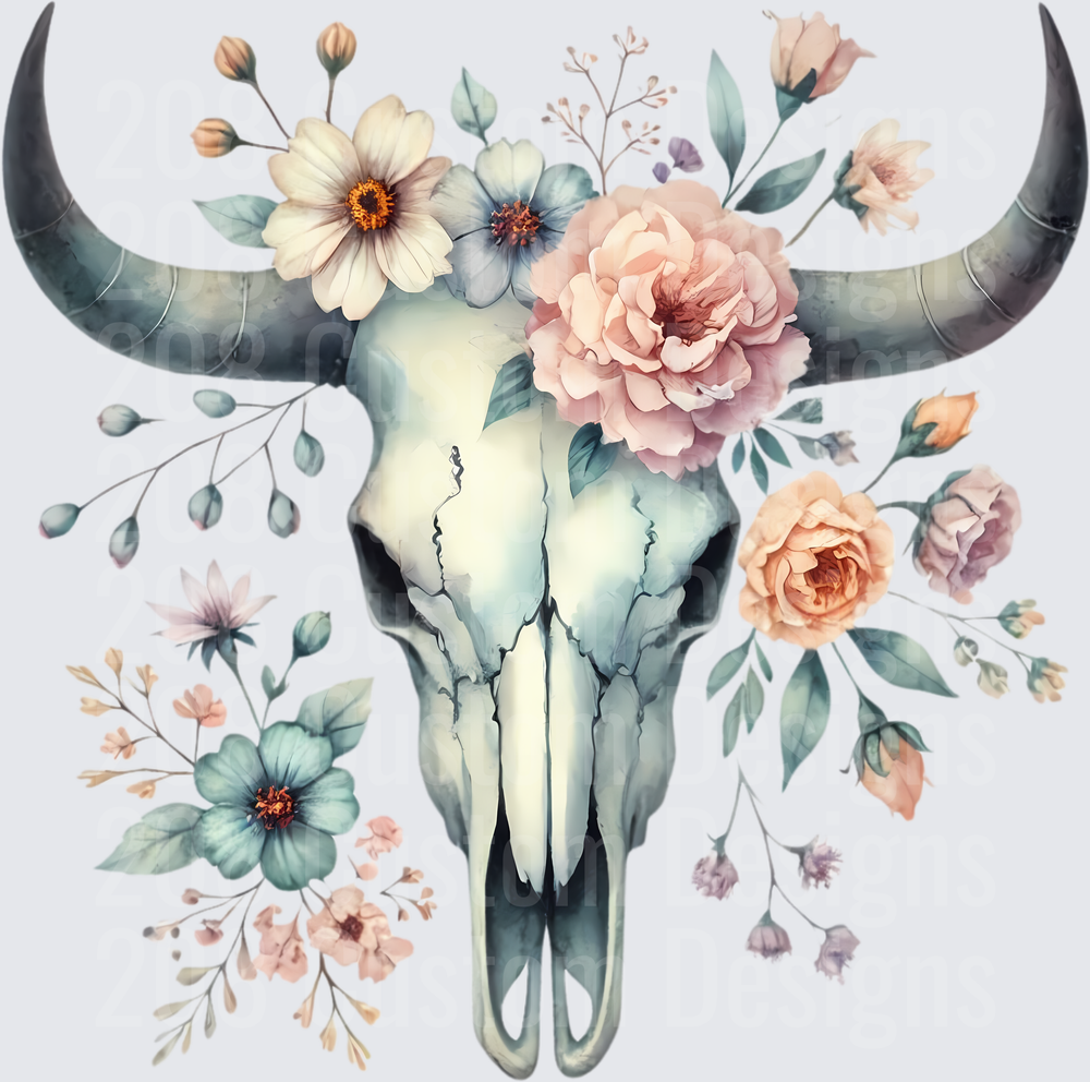 Boho Bull Skull with Watercolor Flowers and Horns