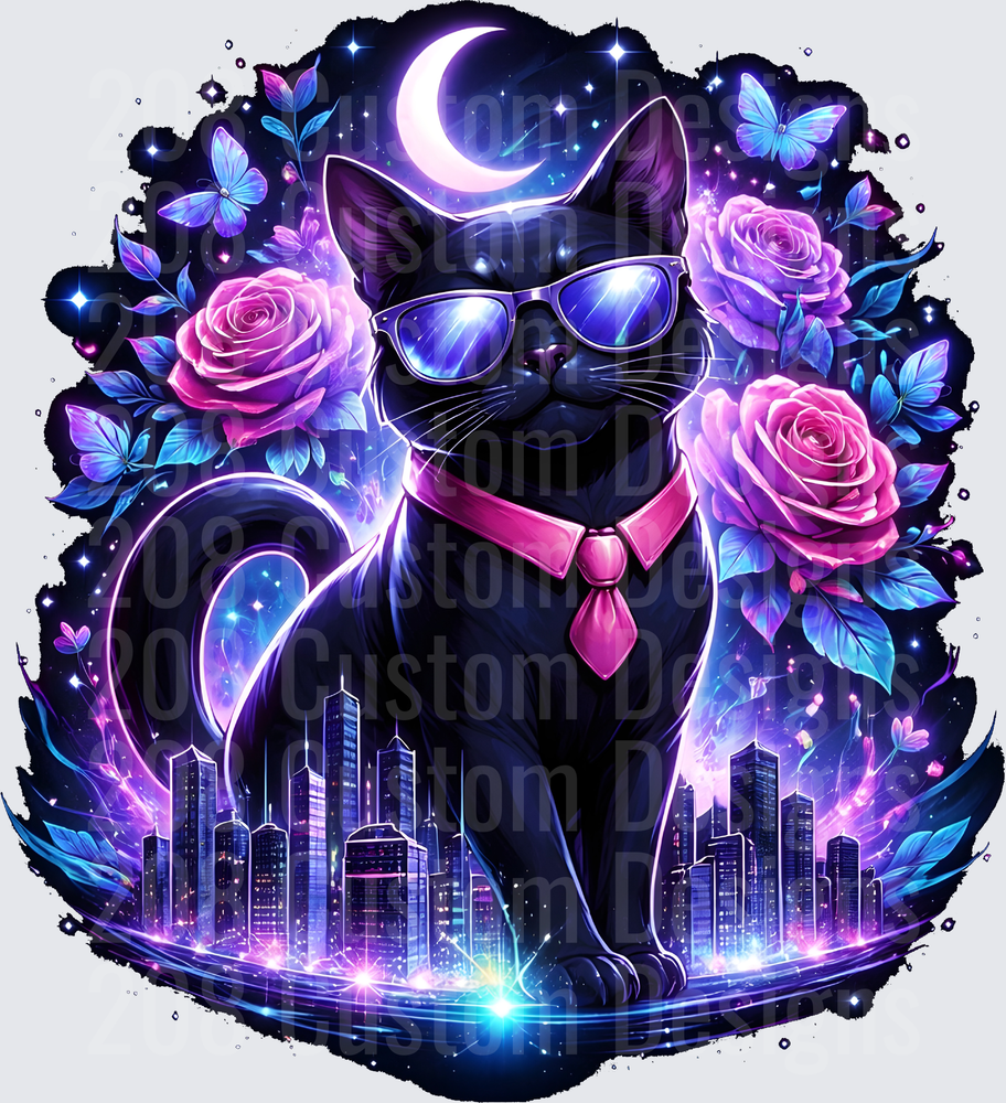 Cool Cat with Sunglasses and Tie in Neon City with Purple Roses