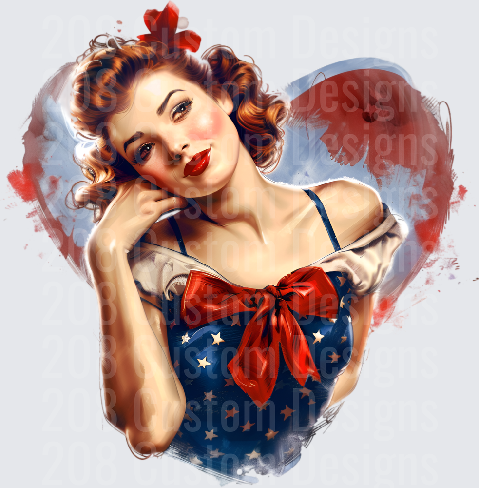 Vintage Pin-Up Girl in Patriotic Star Dress with Red Bow