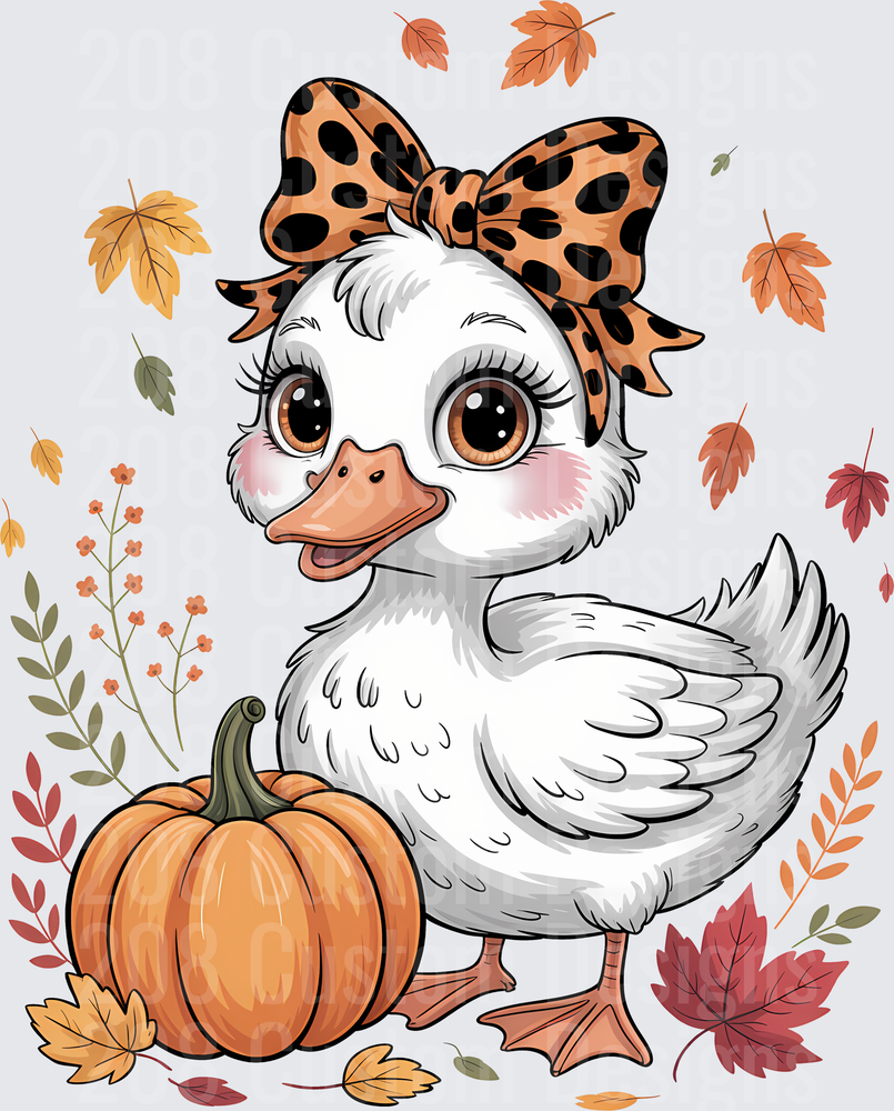 Cute White Duck with Leopard Print Bow and Fall Pumpkin