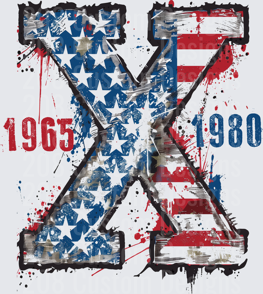 Distressed American Flag Letter X with 1965-1980 Years Grunge Design