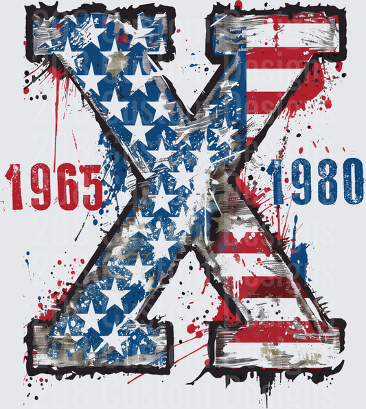 Distressed American Flag Letter X with 1965-1980 Years Grunge Design