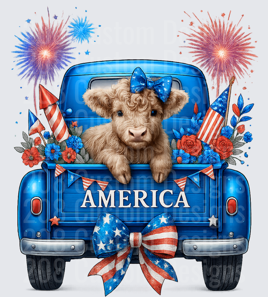 Patriotic Highland Cow in Blue Truck with Fireworks America Design