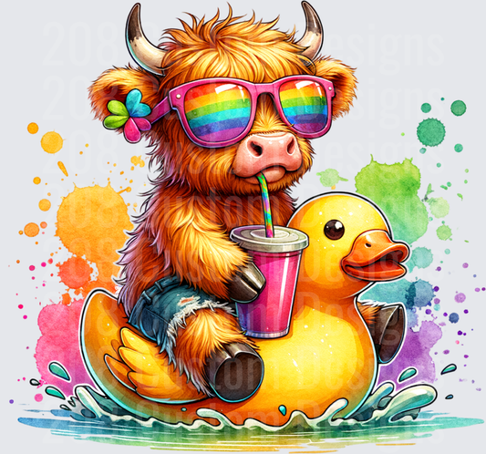 Highland Cow with Rainbow Sunglasses Riding Rubber Duck Summer Fun