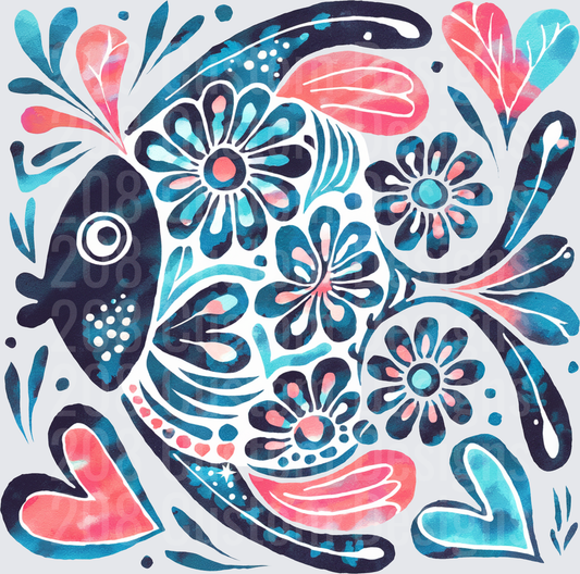 Folk Art Floral Fish with Pink and Teal Blooms