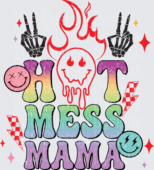 Hot Mess Mama Rainbow Gradient Text with Flaming Skull Peace Signs
