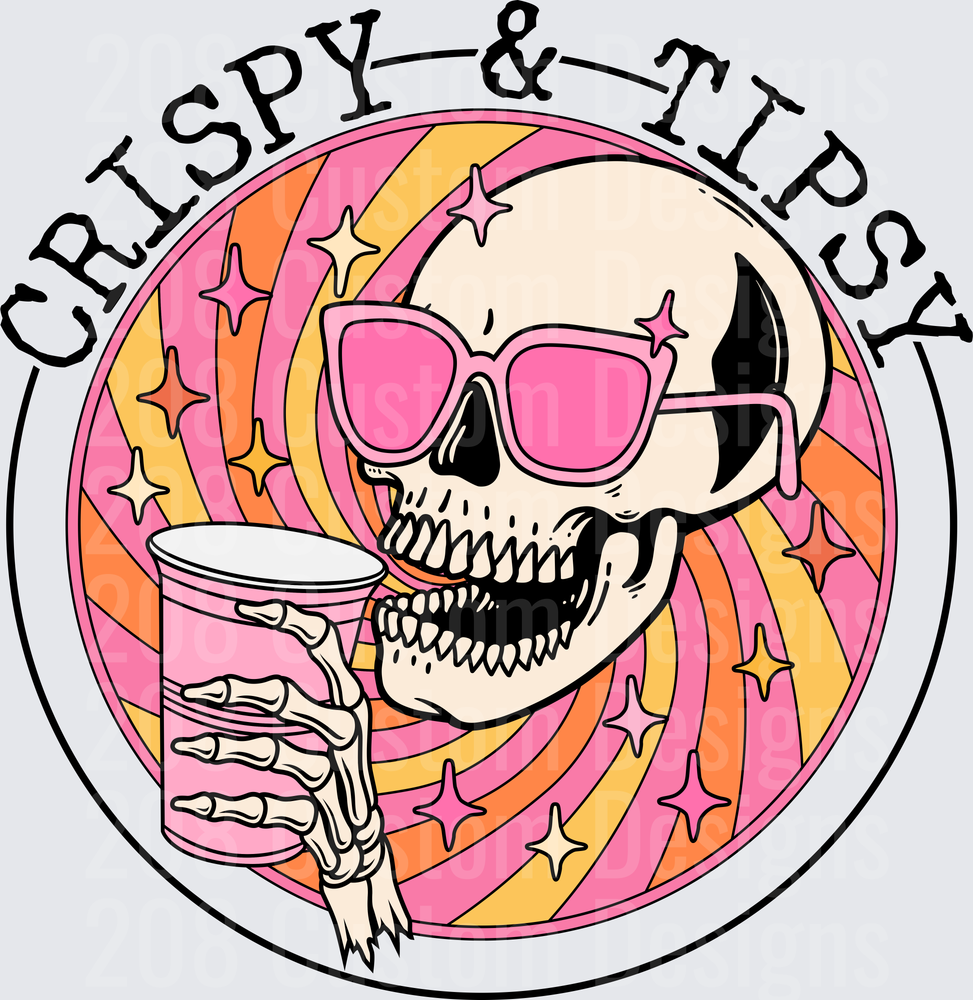 Crispy and Tipsy Skull with Pink Sunglasses and Cocktail