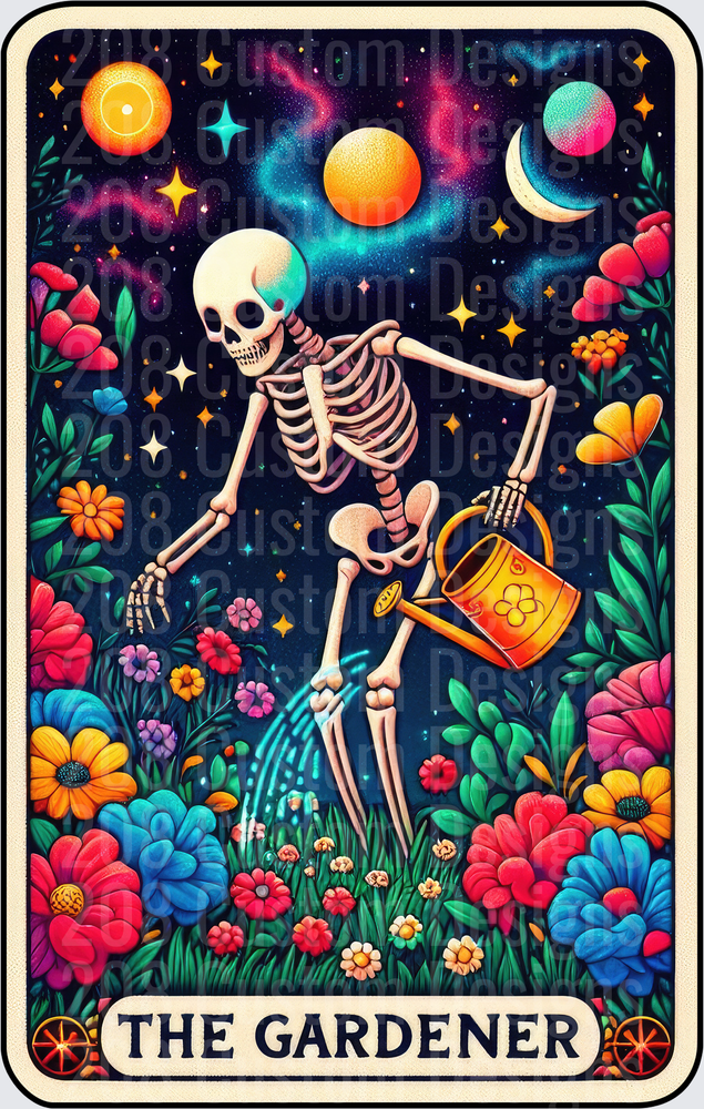 The Gardener Tarot Card Skeleton Watering Cosmic Flowers