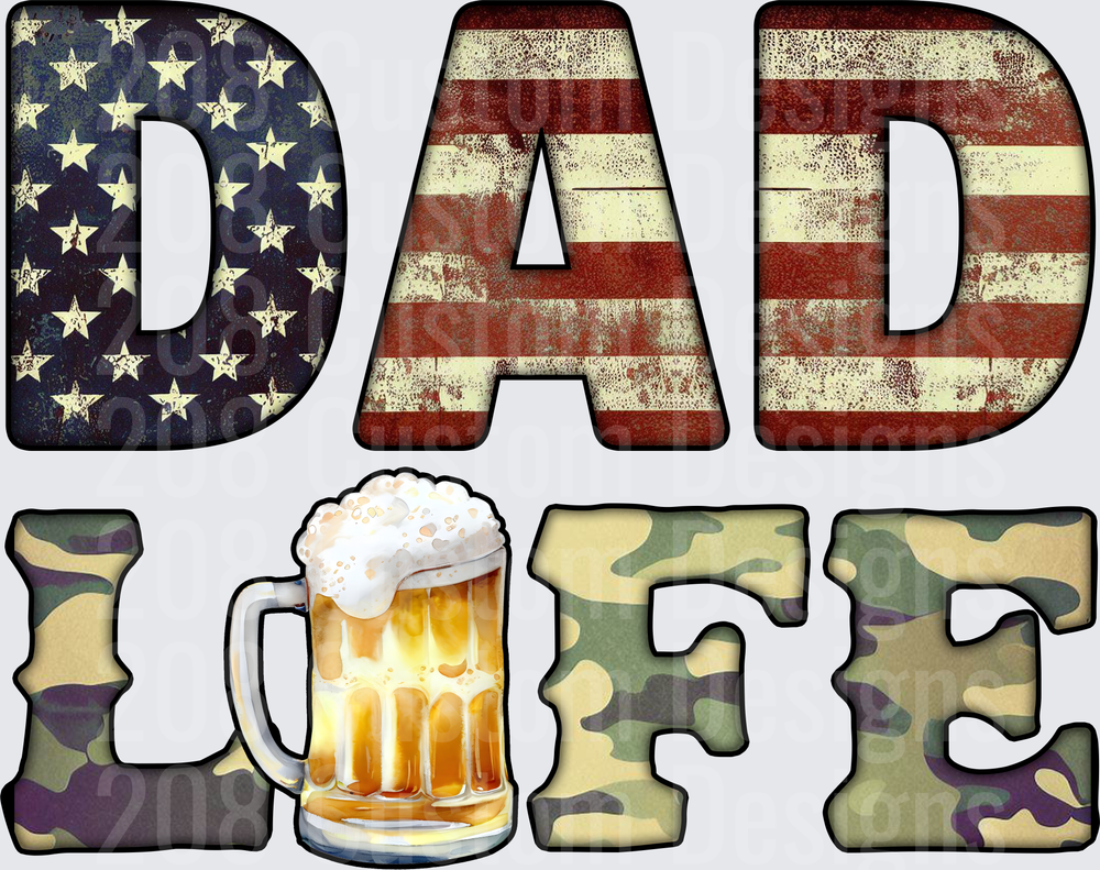 Dad Life American Flag and Camouflage Beer Mug Typography