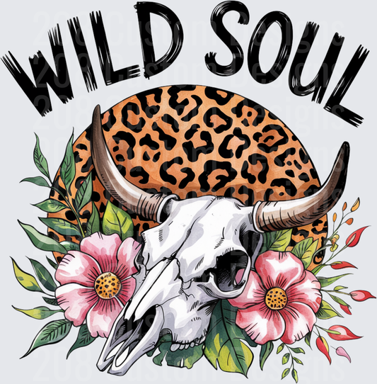 Wild Soul Bull Skull with Leopard Print and Pink Flowers