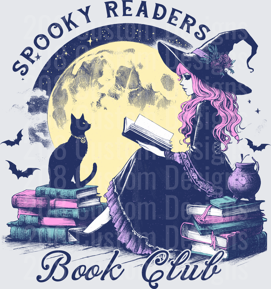 Spooky Readers Book Club Witch Pink Hair Full Moon Black Cat
