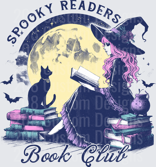 Spooky Readers Book Club Witch Pink Hair Full Moon Black Cat